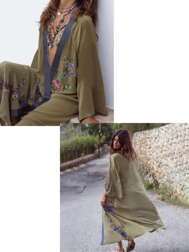 green embroidery kaftan beach cover up