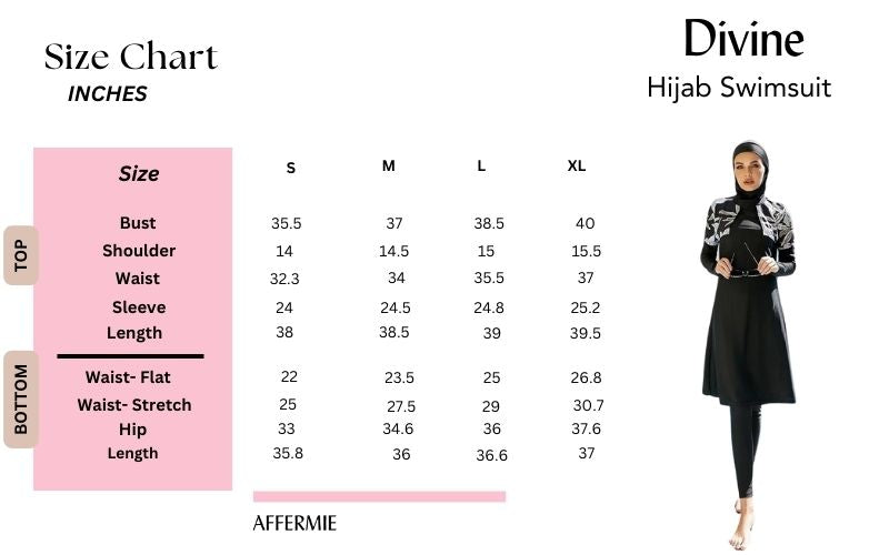 divine hijab swimsuit size chart