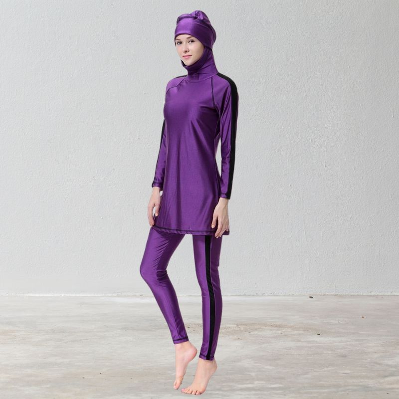 muslim women wearing purple cute modest swim suit set