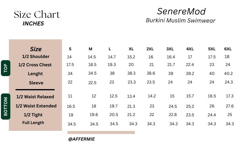Seneremod burkini muslim swimwear size chart