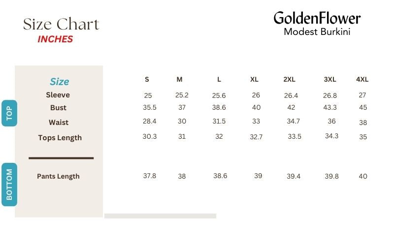 goldenflower modest burkini size chart