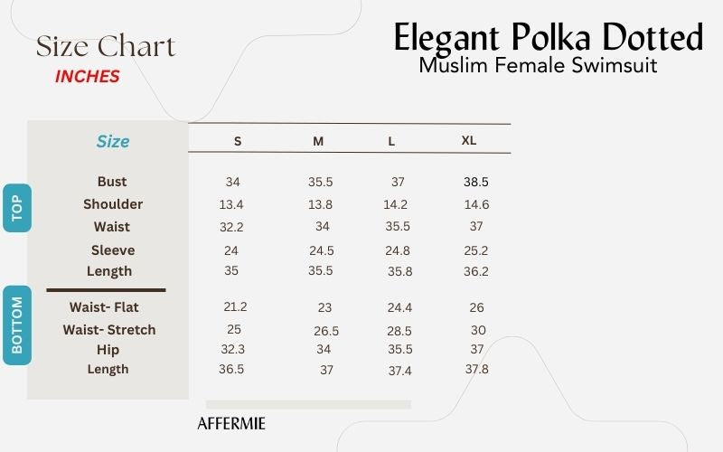 size chart for muslim female swimsuit polka dotted