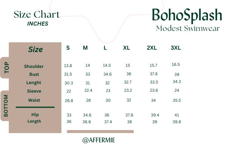 bohosplash Modest Swim Suit size chart