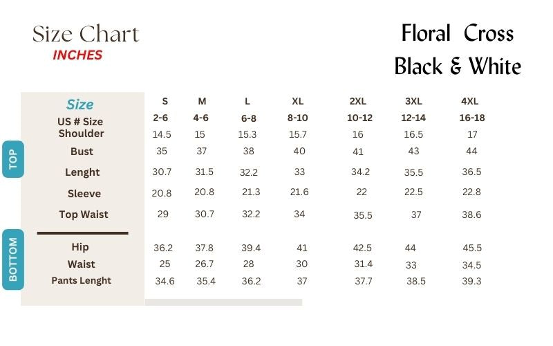 black and white burkini size chart