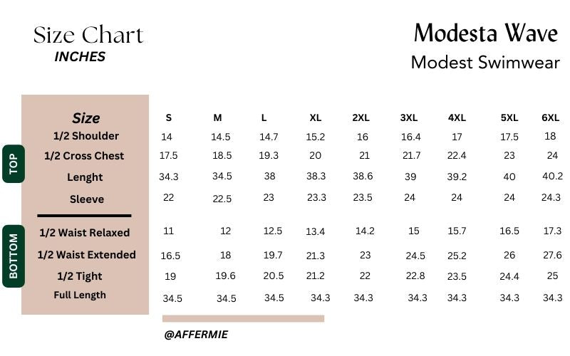 modest wave modest swimwear size chart