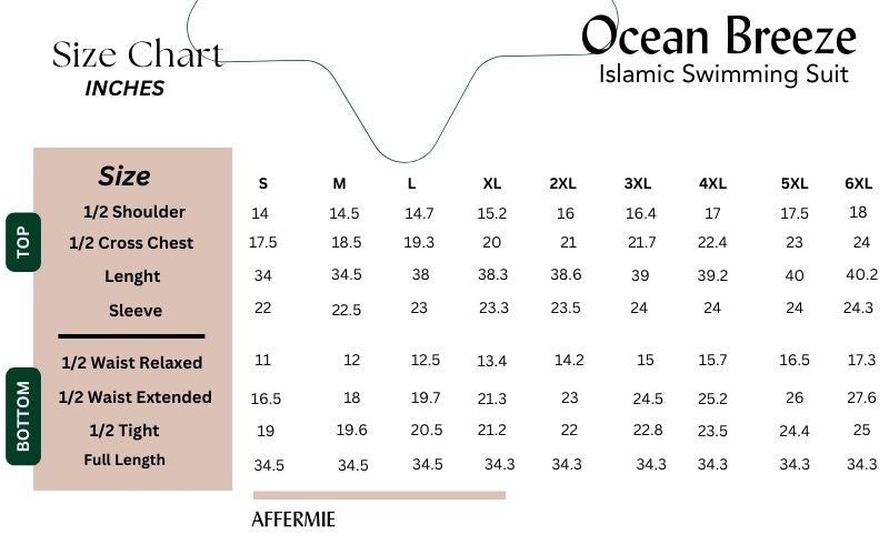 ocean breeze burkini size chart