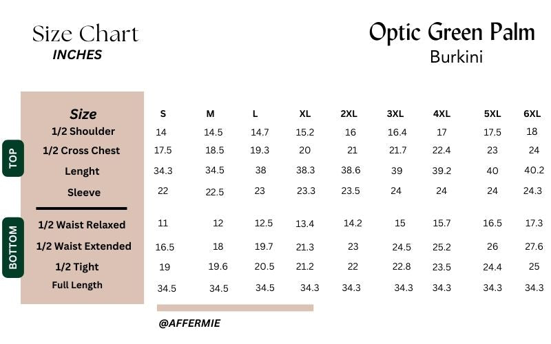 Optic green burkini size chart