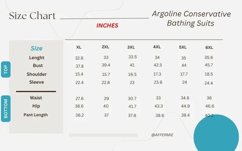 Argoline Plus Size Modest Swimwear size chart
