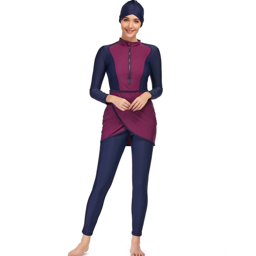 modest girl wearing purple modes swimwear