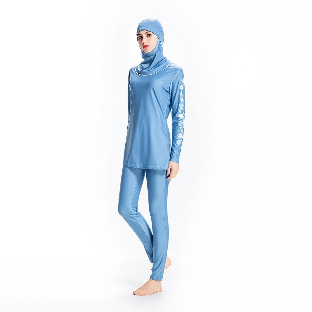 light blue embroidery burkini modest swimwear