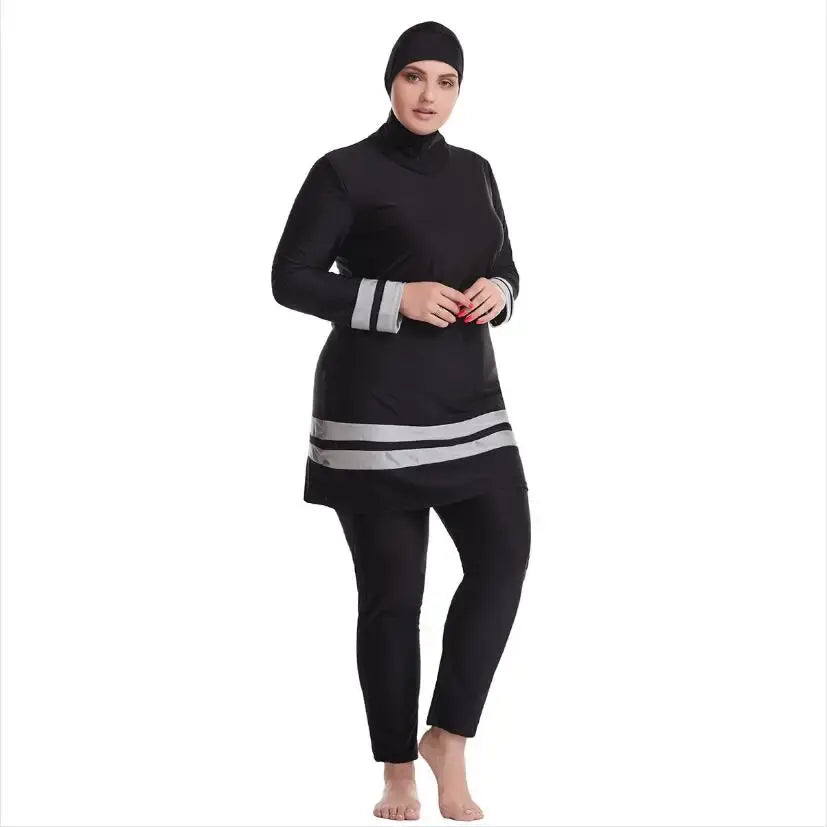 black burkini with gray strip bottom High Neck Plus Modest Swimwear
