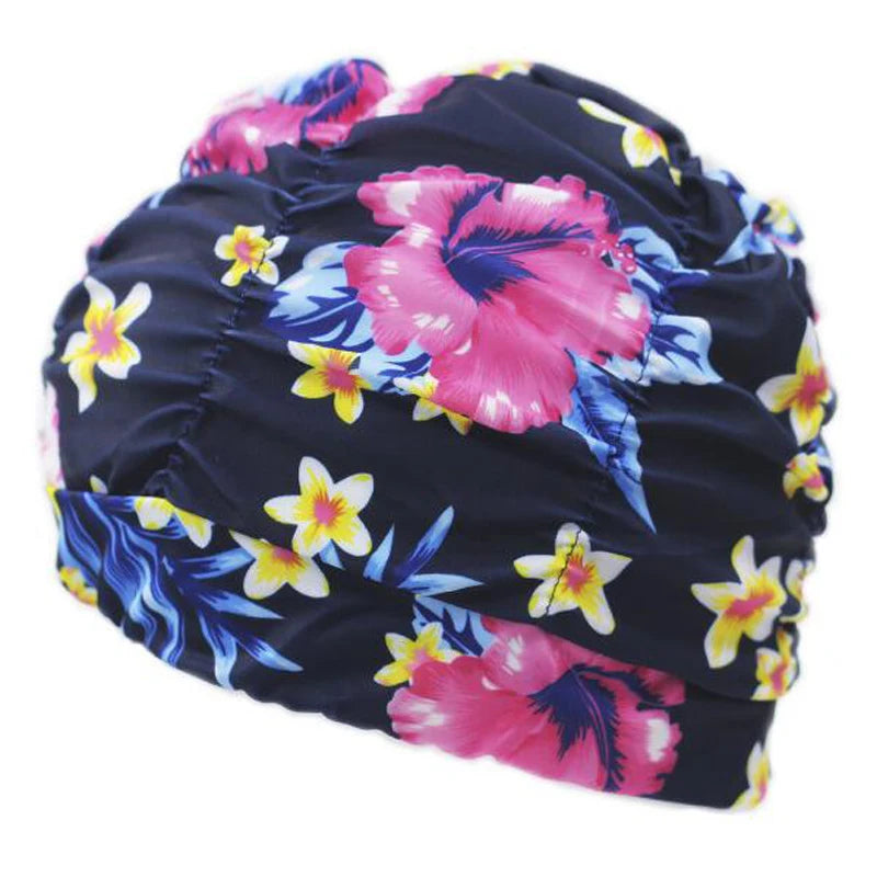 navy blue with pink flowers Pleated Flower Prints Swimming Cap Long Hair 