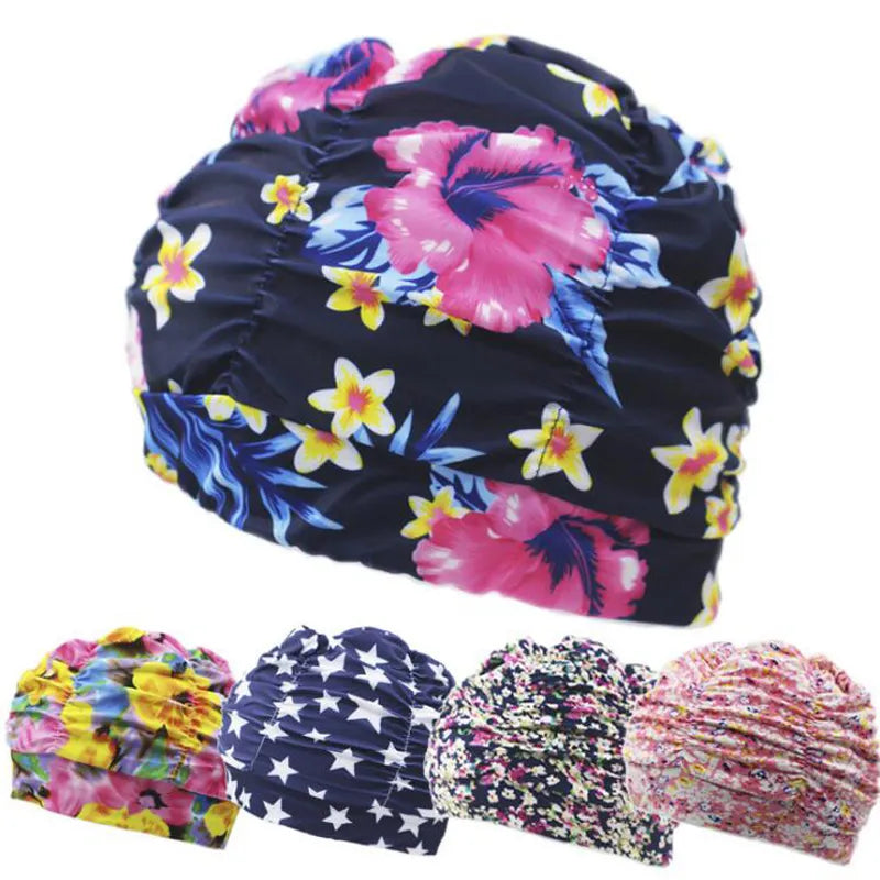 Pleated Flower Petal Prints Fabric Swimming Cap Swim Pool Beach Surfing Protect Long Hair Ears Caps Hats Plus Size for Women Men