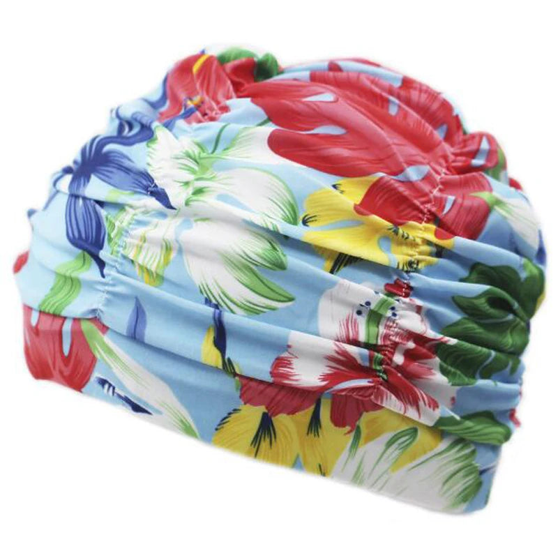 light blue colorful Pleated Flower Prints Swimming Cap Long Hair 