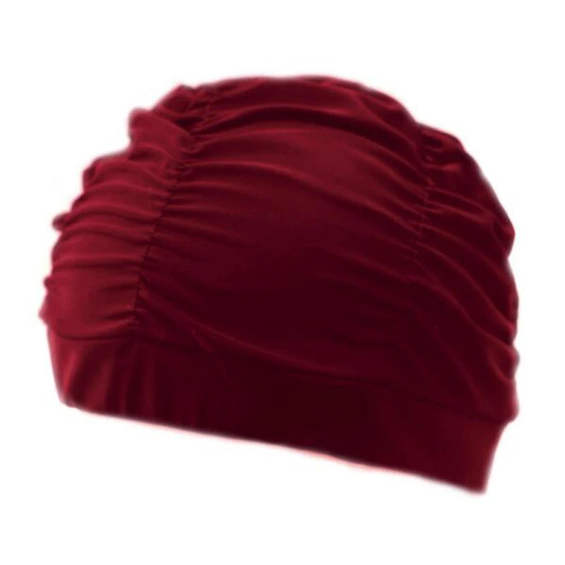 red Pleated Flower Prints Swimming Cap Long Hair 