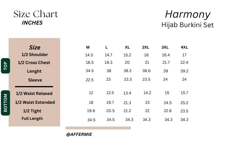 Harmony Hijab Burkini Set size chart