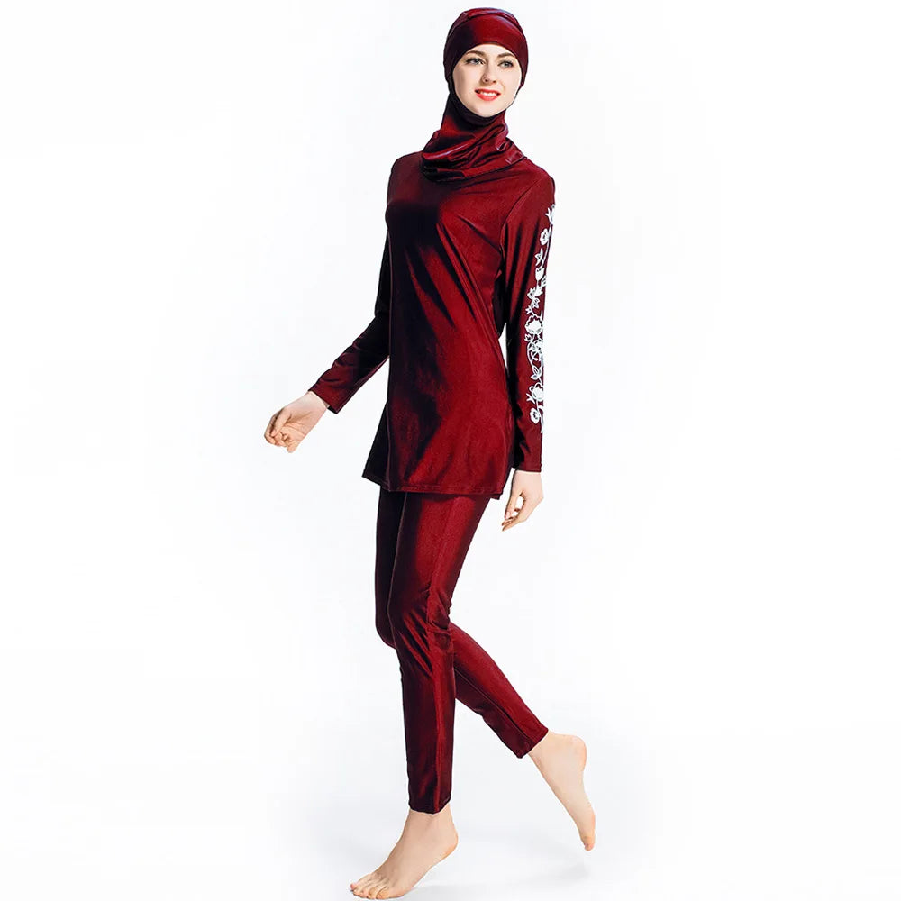 red embroidery sleeve burkini modest swimwear
