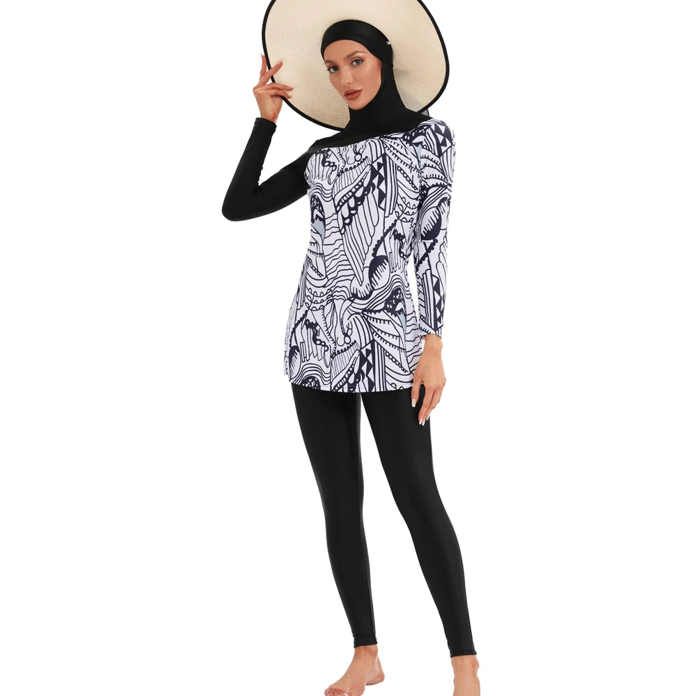 FloralCross: White & Black Burkini 3pc Set with sunhat