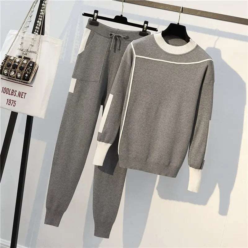 Knitted Autumn Ready Tracksuit Activewear-2pcs Gray