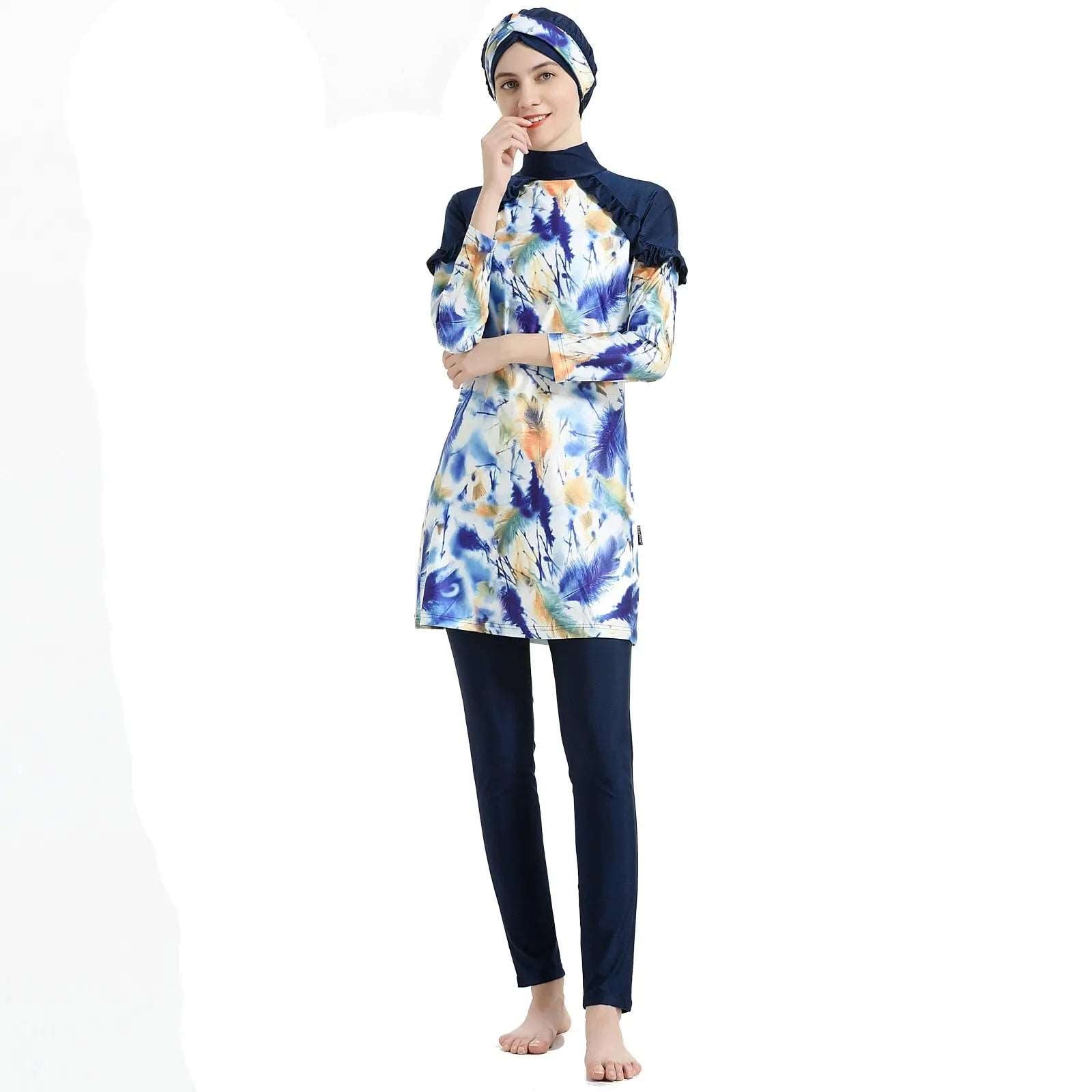 Elegant Modest Hijab Swimwear Three-Piece Set Blue