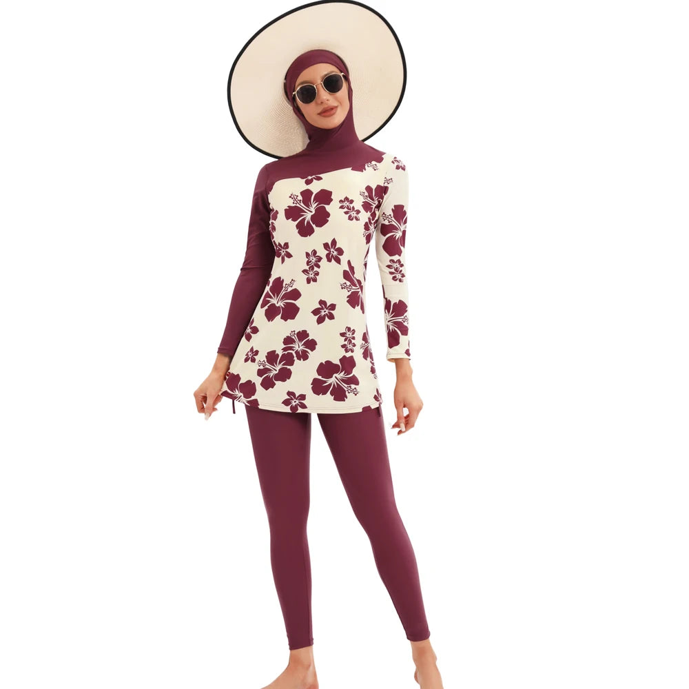 cream with red florals Modest Cover Up Swimwear 