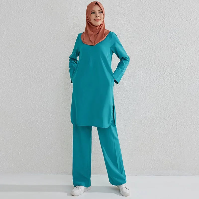 Women Sets Fashion Muslim Sets Two Pieces Suits Islamic Clothing Long Shirts Pullover Tops and Straight Pants Loose Trousers