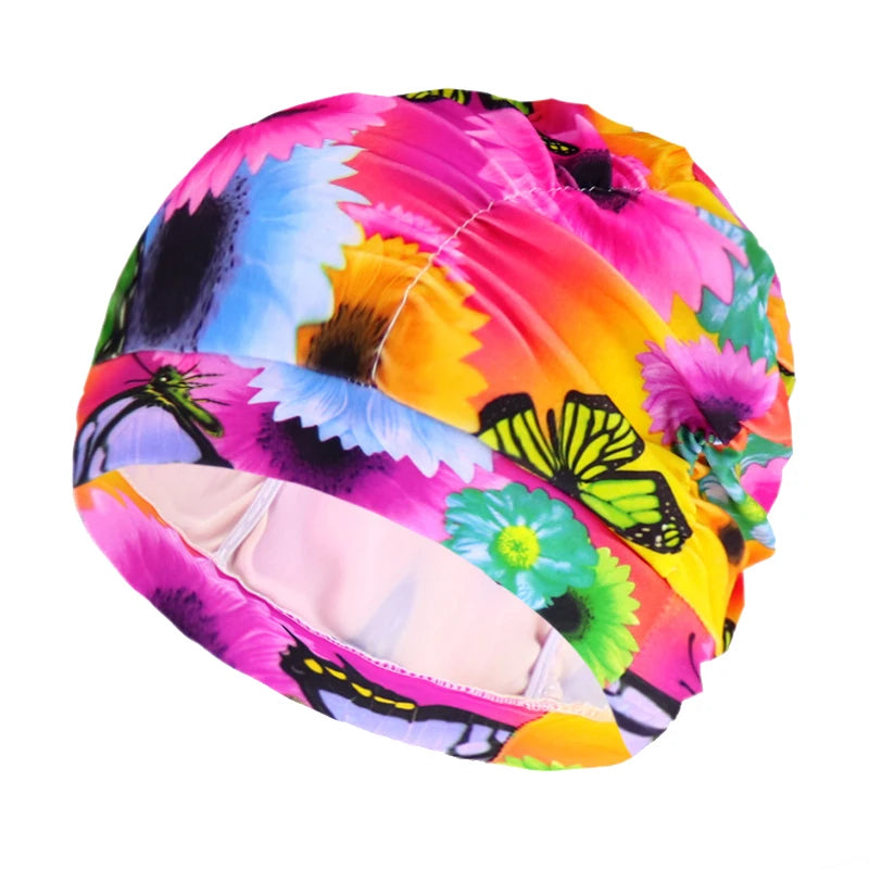pink yellow flowers Pleated Flower Prints Swimming Cap Long Hair 