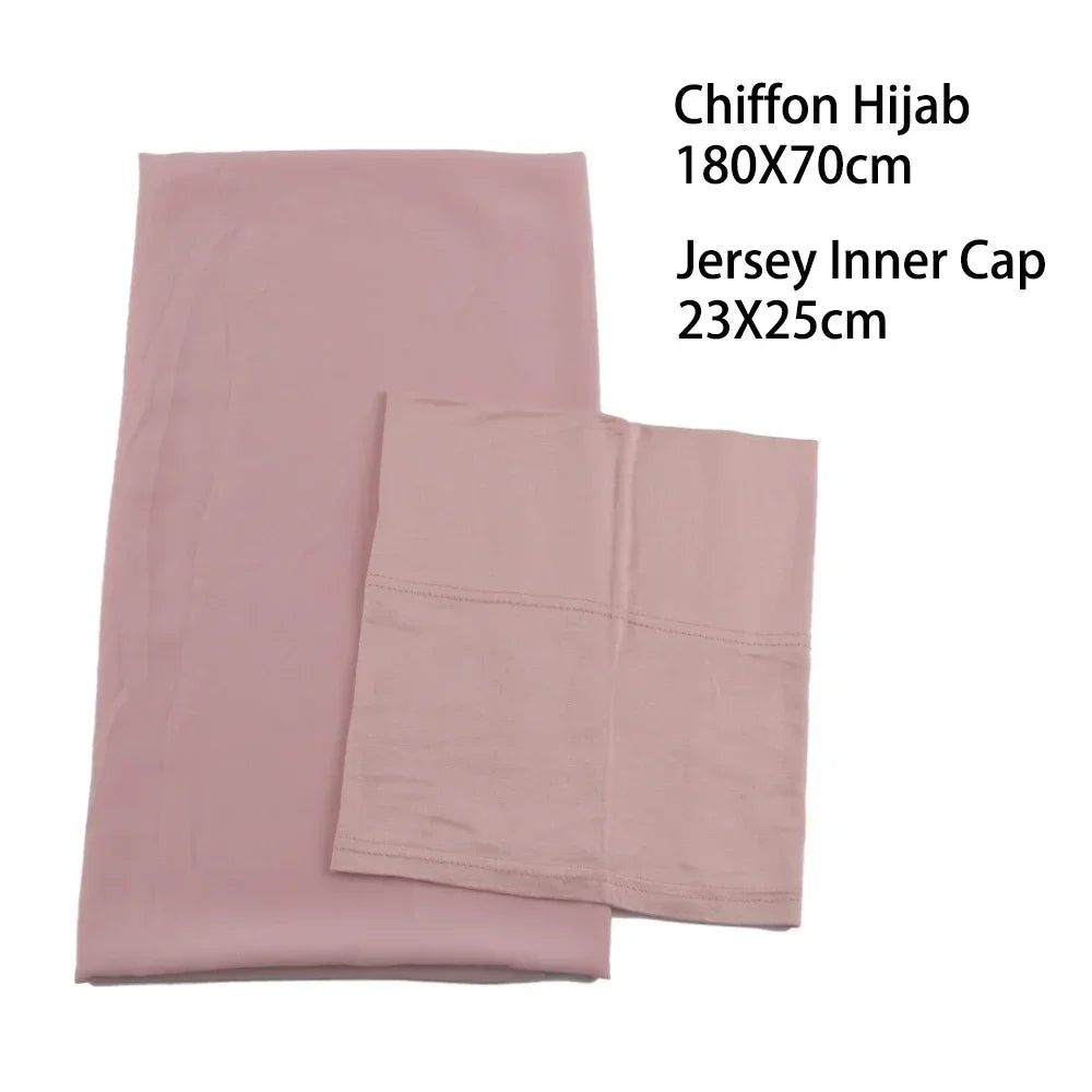 Chiffon Hijab With Matching Inner Cap Muslim Women Hijab Headscarf Chiffon Long Shawl With Match Color Jersey Inner Caps