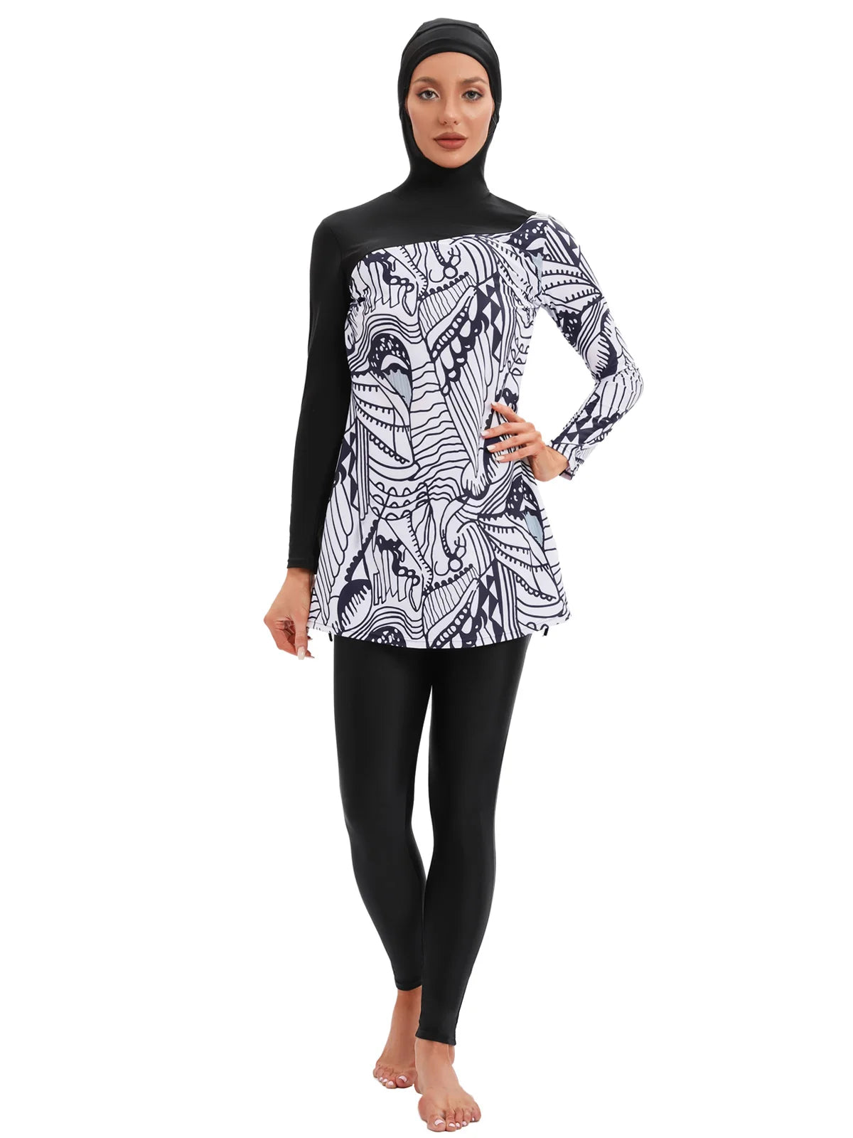 muslim lady wearing FloralCross: White & Black Burkini 3pc Set