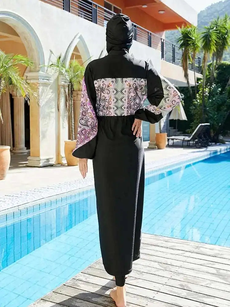 muslim women wearing black burkini by pool