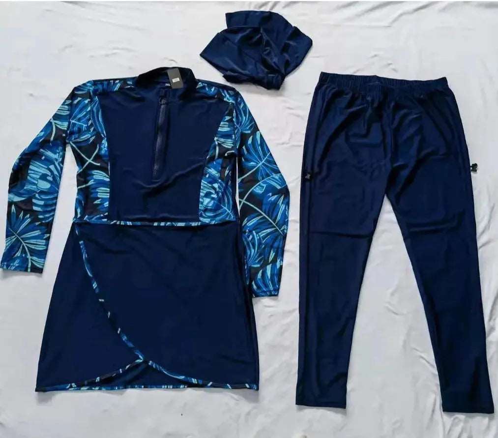 Nautical Chic 3PCS Navy Blue Modest Swimming Suit Set Dark Blue