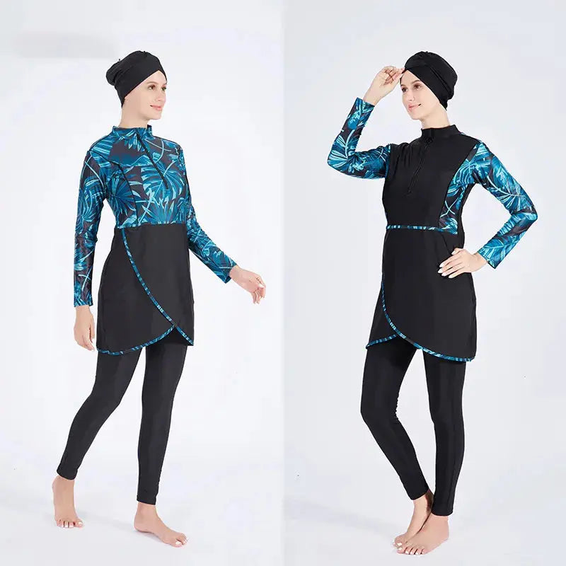 Tropical Leafed Modest Women Swimwear-3pcs Swimsuit Affermie Modest Active & Swim Wear 0  0