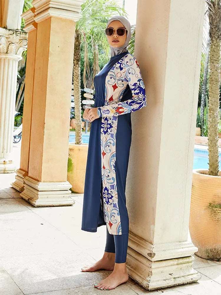Navy Floral Pattern hijabi swimsuit Mosaic Navy Blue