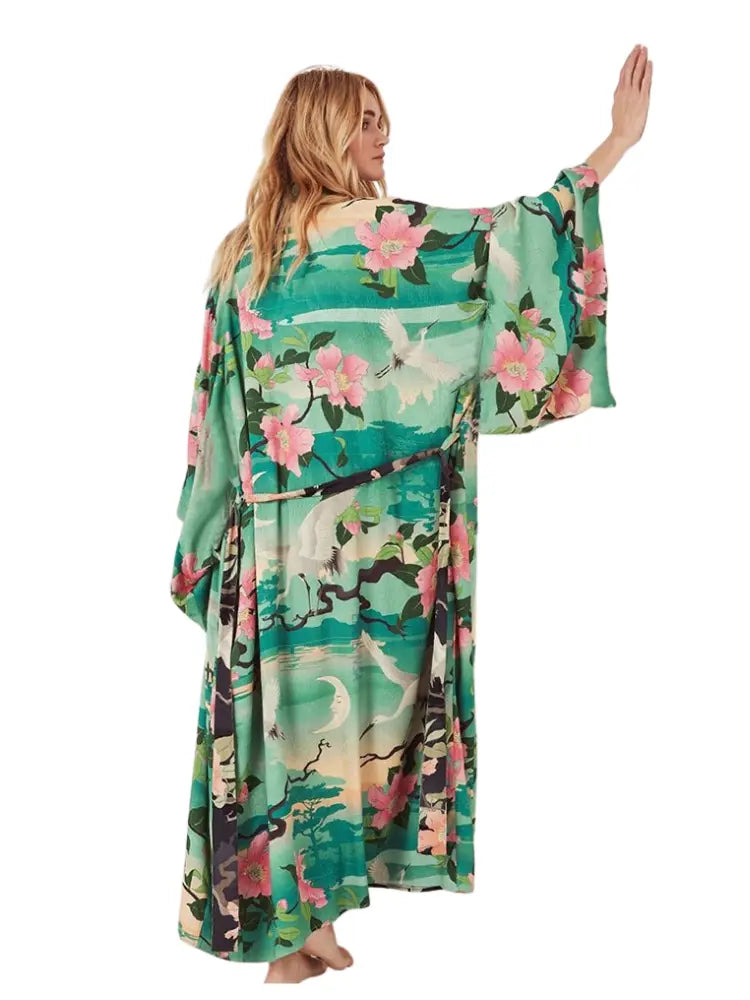 green with pink flowers kaftan beach cover up