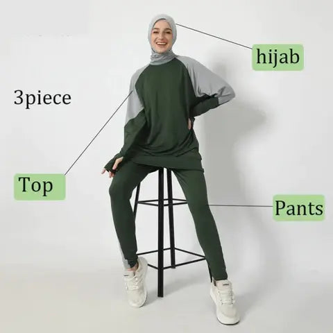 modest jogger green 3 pieces model showing top, hijab, pants