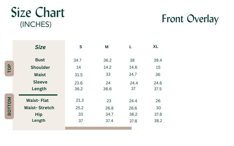 front overlay size chart chart