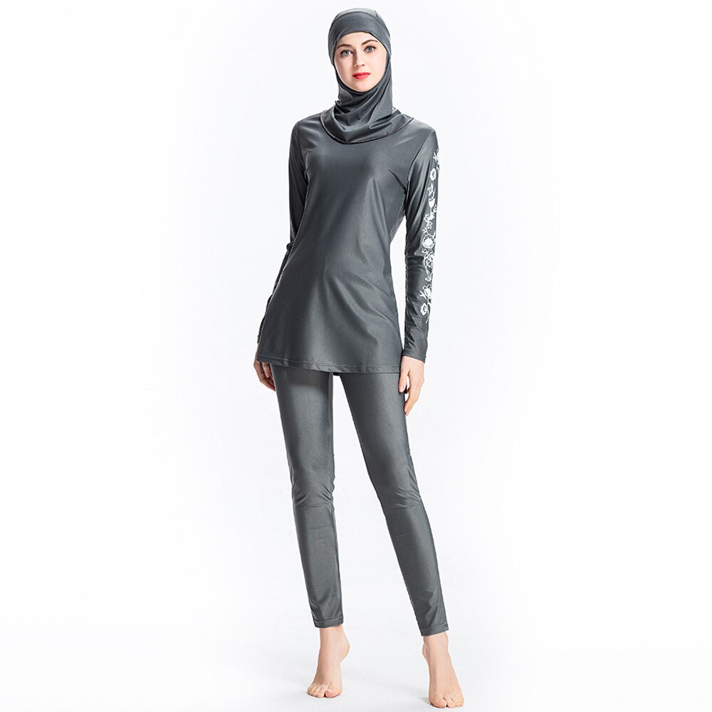 muslim girl wearing gray burkini modest swimwear