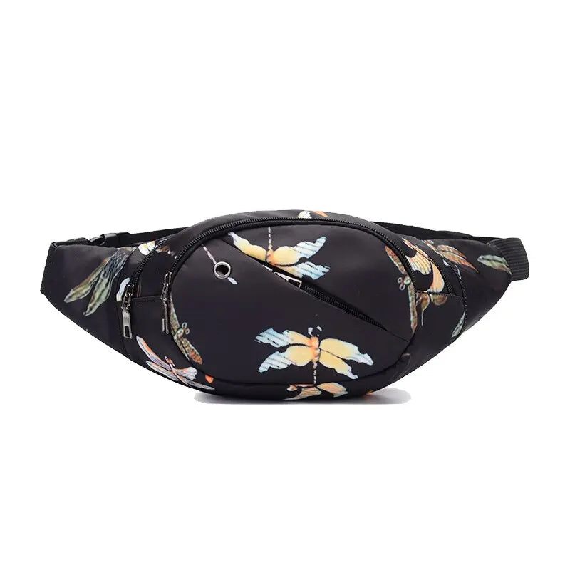 Printed Floral and Geometric Travel Waist Bag Dragonflies