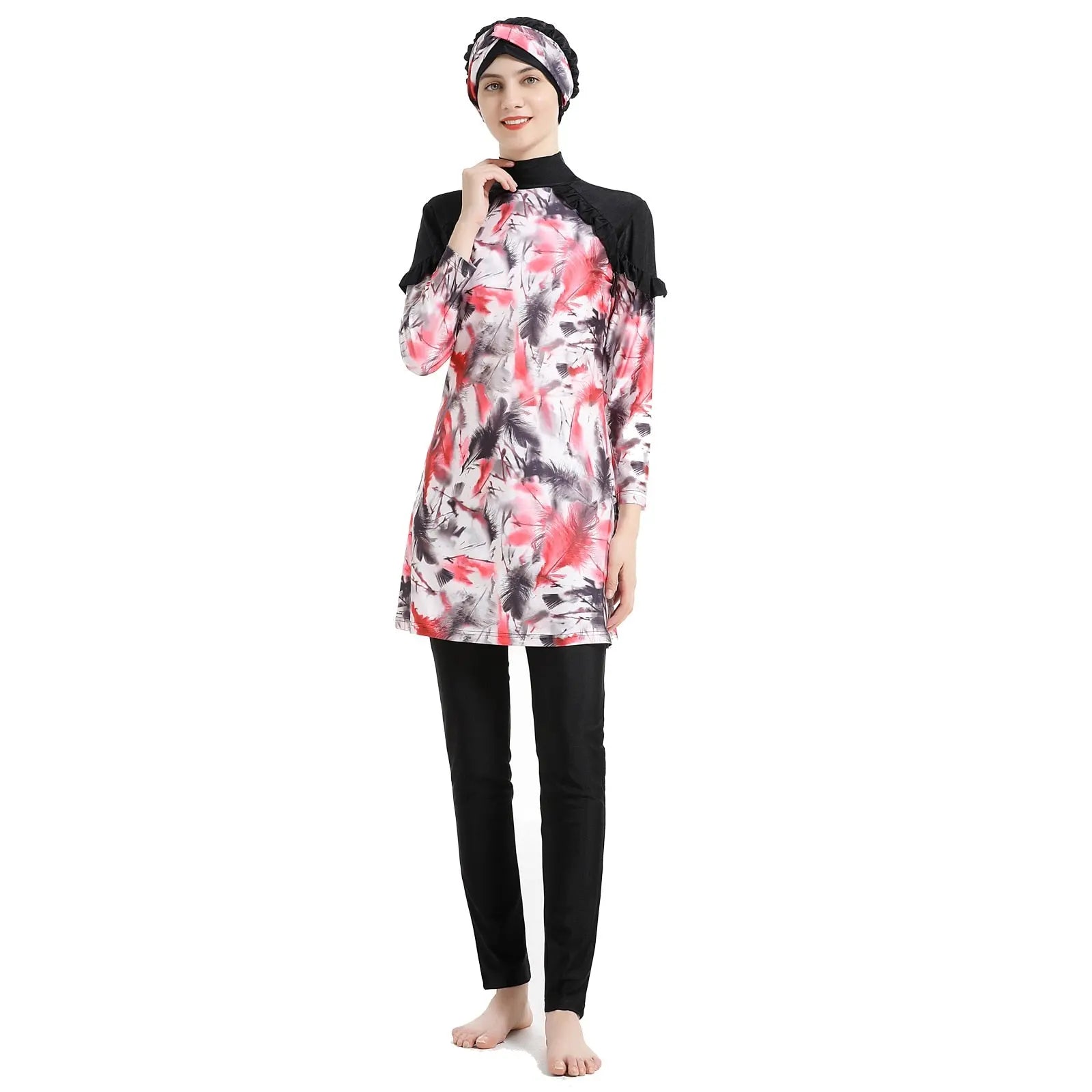 Elegant Modest Hijab Swimwear Three-Piece Set Red