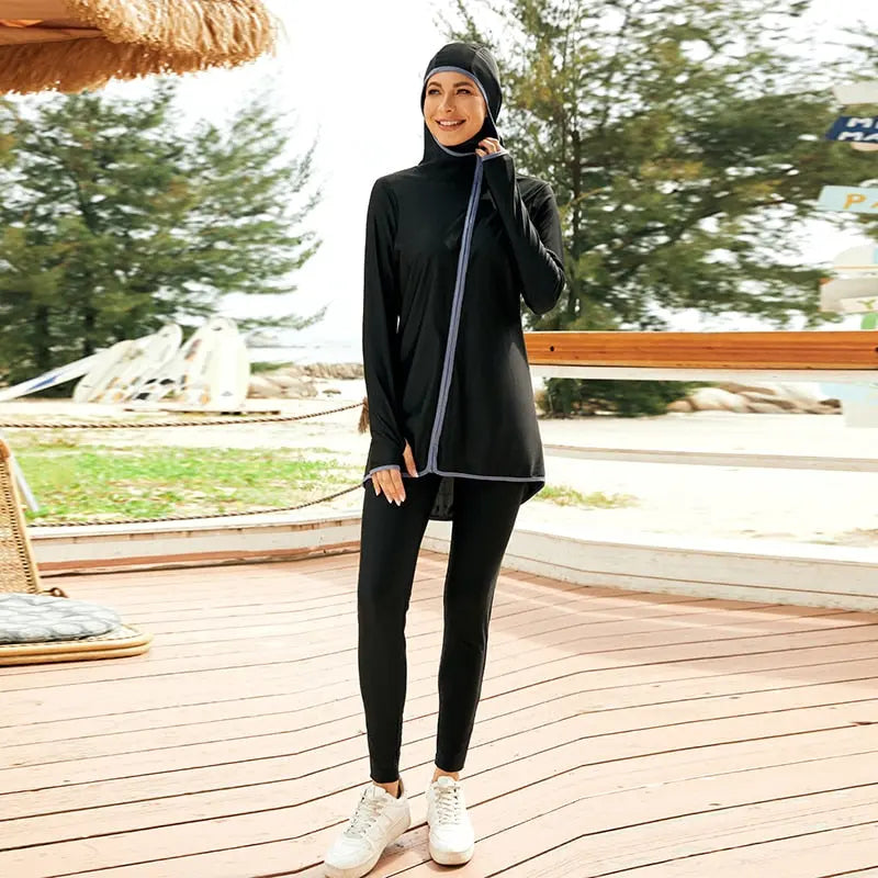 Zippered Elegance: Black Modest Gym Clothing Set Black China