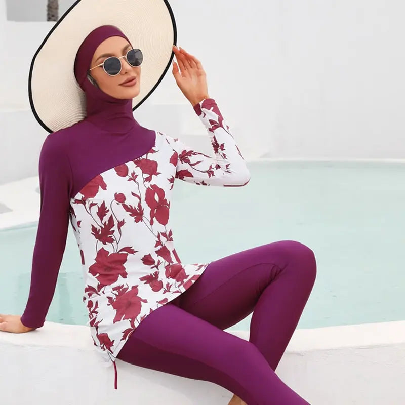 FloraCross: Floral Majesty Modest Cover Ups Swimsuit 3pcs
