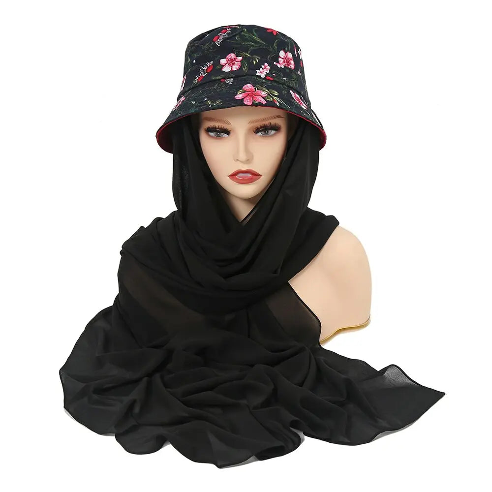 ChicDye: Fashionable Chiffon Hijab Cap Black- Pink Flowers