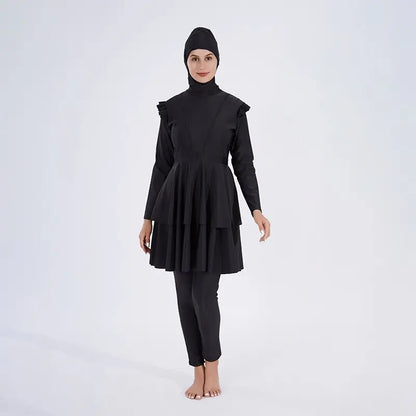 RuffleChic: Modest Elegance Swimsuit with Ruffled Dress - 3pcs Set