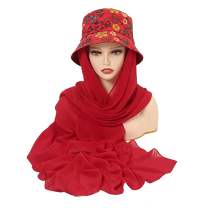 ChicDye: Fashionable Chiffon Hijab Cap Red-Yellow Flowers