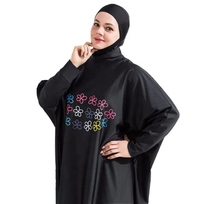 ScreenPrint Abaya Styled Modest Women Swimsuit 3pcs Set Black front Floral