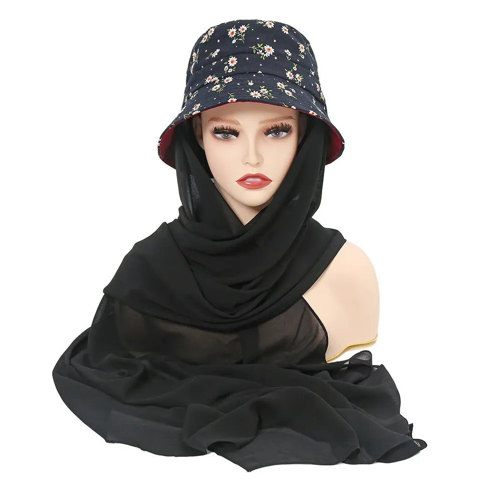 ChicDye: Fashionable Chiffon Hijab Cap Black- White/pink Flowers