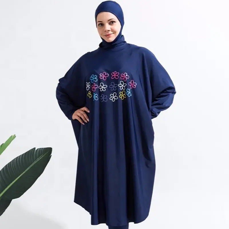 ScreenPrint Abaya Styled Modest Women Swimsuit 3pcs Set Blue Front Floral