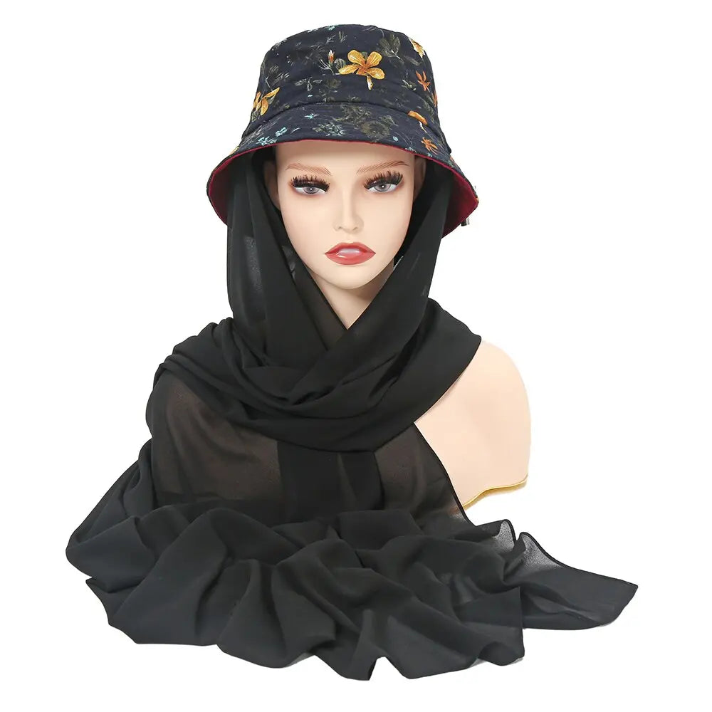ChicDye: Fashionable Chiffon Hijab Cap Black- Yellow Flowers
